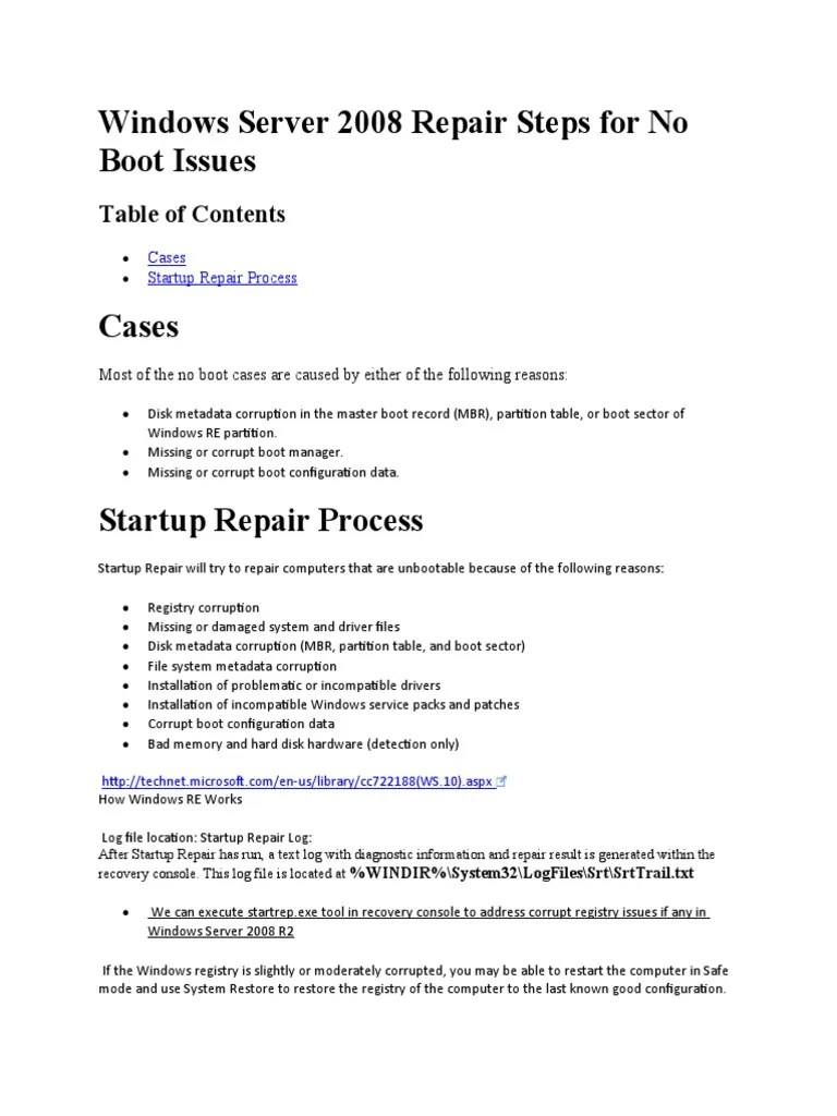 Windows Server 2008 Repair Steps For No Boot Issues PDF Booting