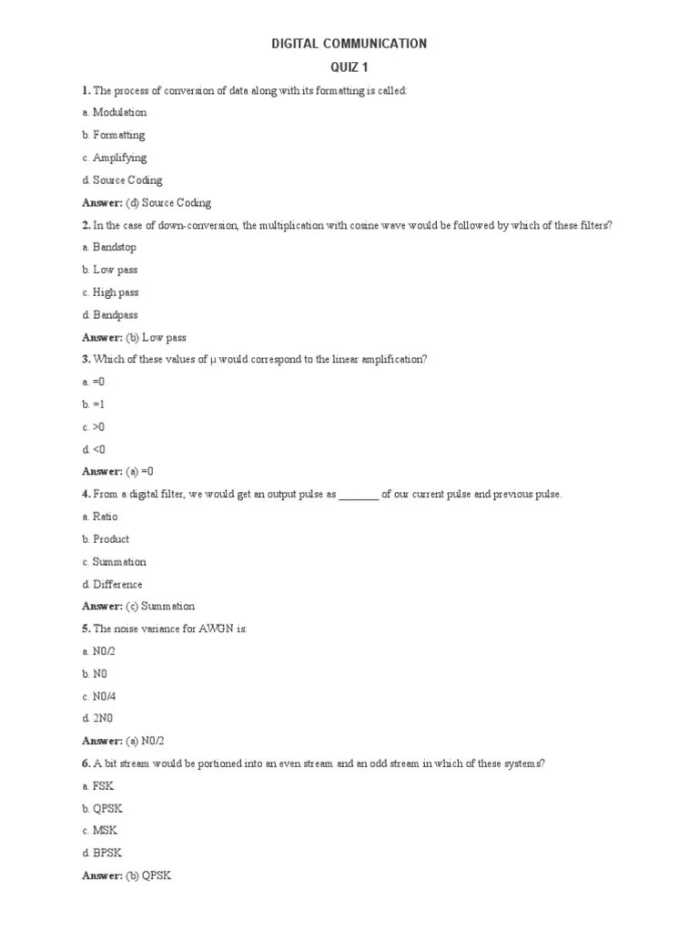 Digital Communication Quiz PDF Electronics