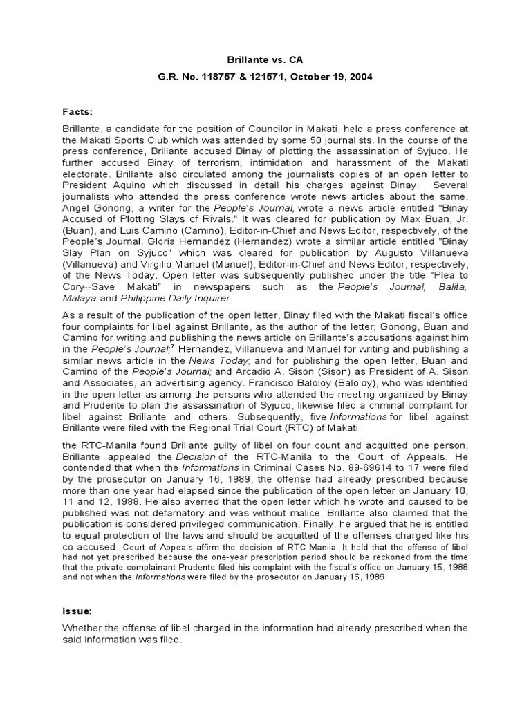 Brillante vs. CA PDF Statute Of Limitations Defamation