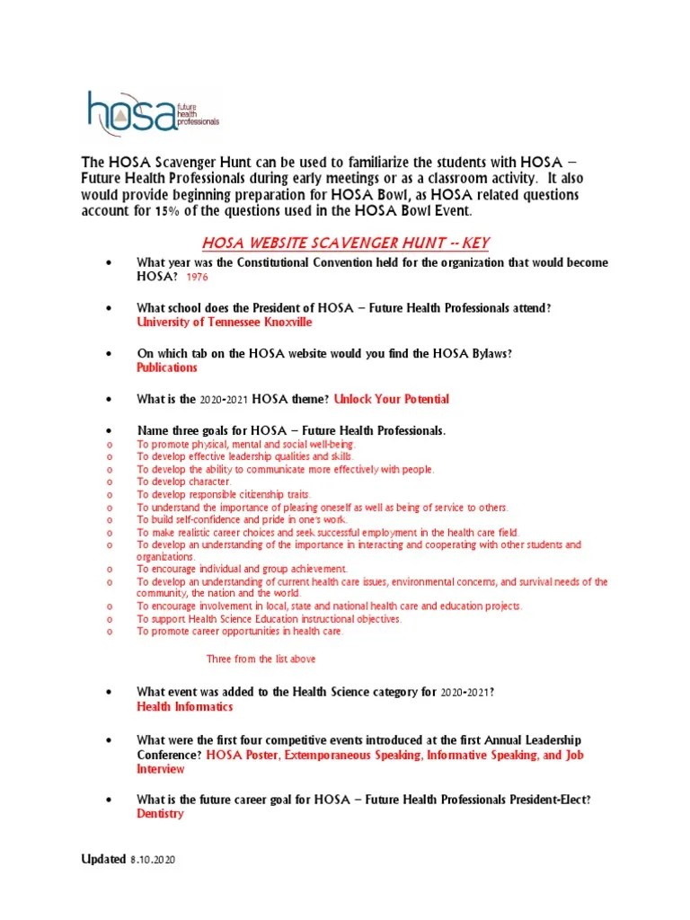 Hosa Scavenger Hunt Key PDF Cognition