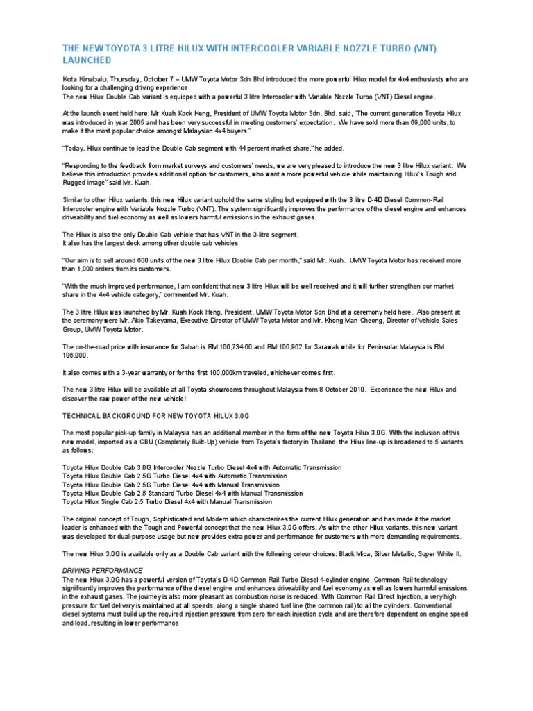 The New Toyota 3 Litre Hilux With Intercooler Variable Nozzle Turbo