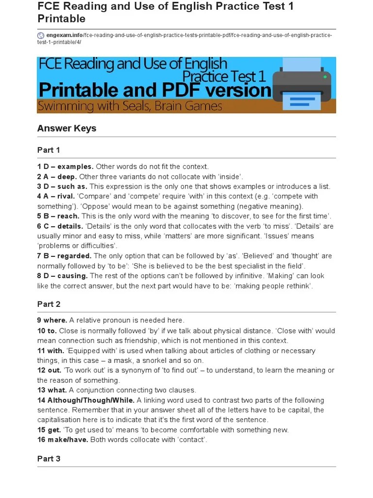 FCE Reading and Use of English Practice Test 1 Answers PDF Verb Morphology
