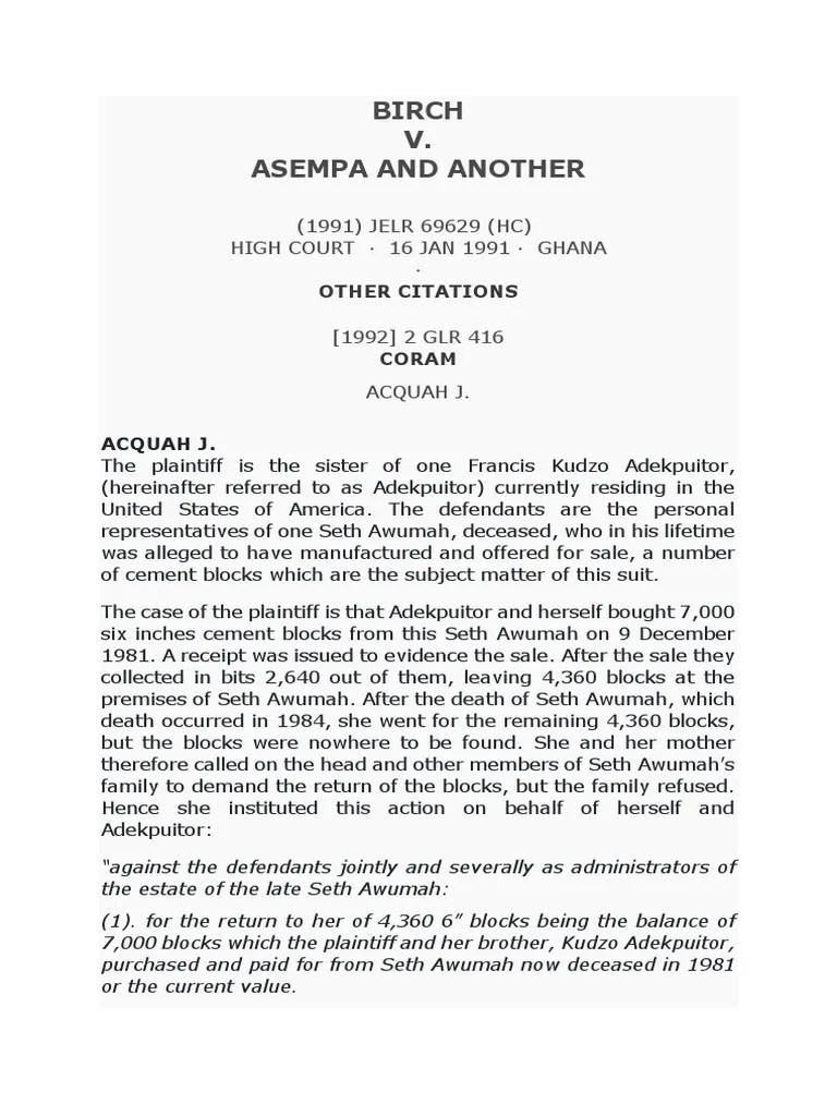 Birch v. Asempa and Another PDF Lawsuit Public Law
