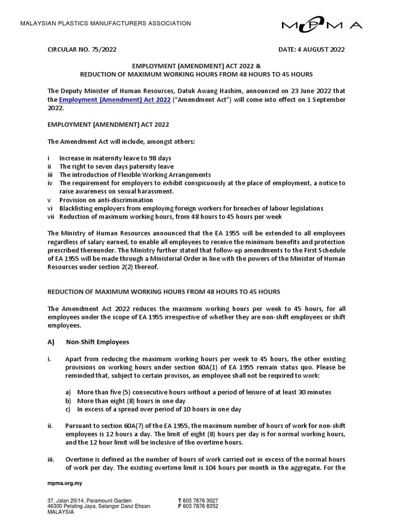 Cir 75 EMPLOYMENT AMENDMENT ACT 2022 REDUCTION OF MAXIMUM WORKING HOURS