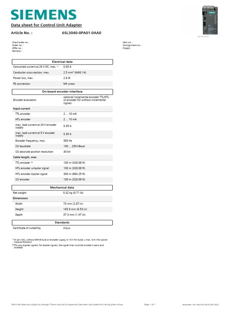 6SL3040-0PA01-0AA0 Datasheet en | PDF | Manufactured Goods | Electricity