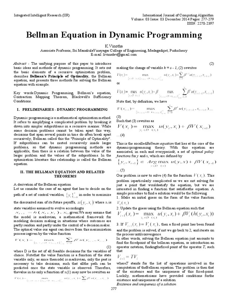 Bellman Equation in Dynamic Programming Download Free PDF Dynamic