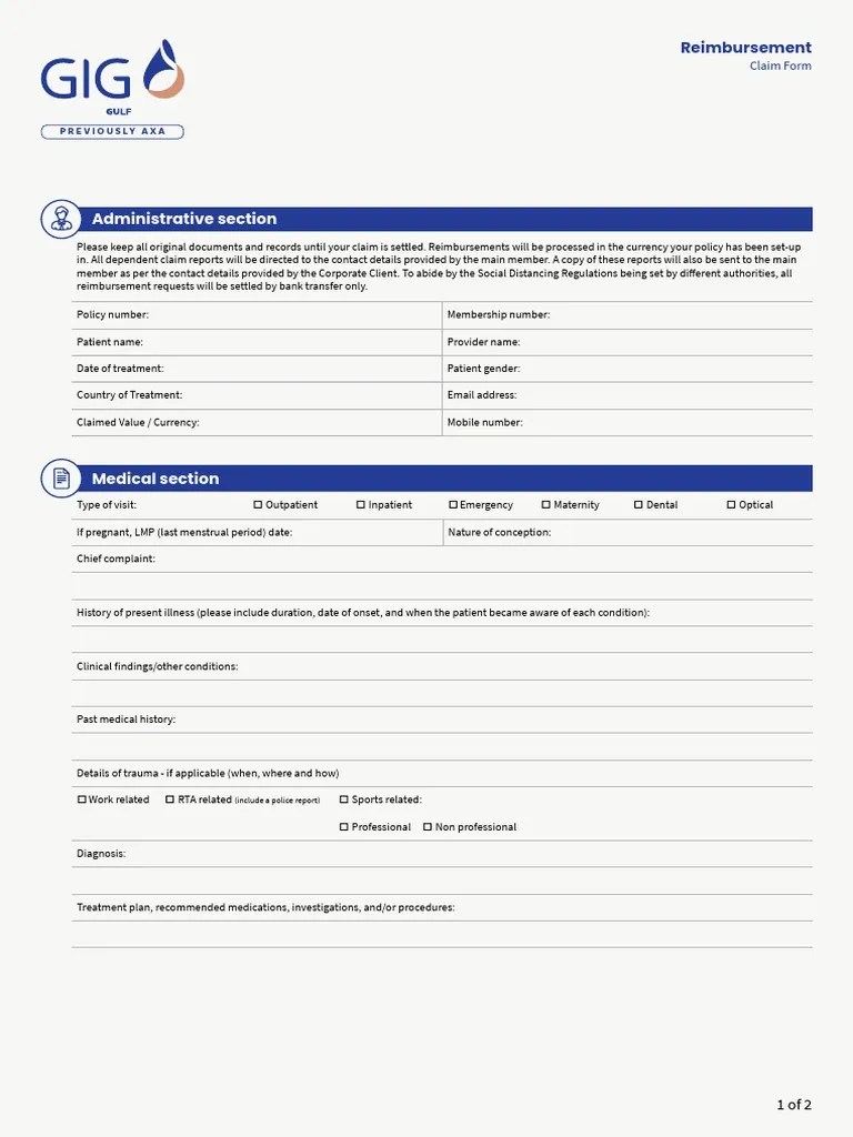 Reimbursement Claim Form AXA GIG Gulf Download Free PDF Patient Bahrain