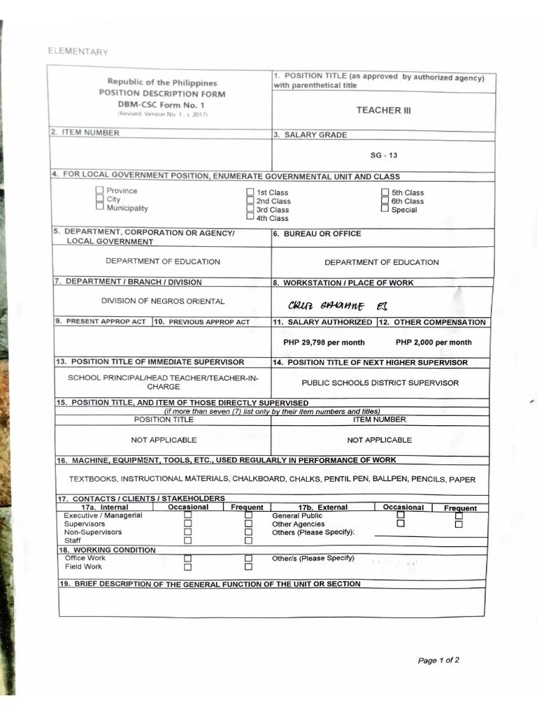 CSC FORM 1 Position Description Form PDF