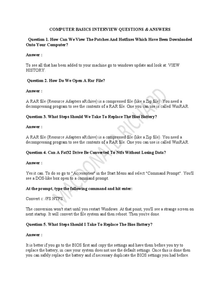Computer Basics Interview Questions and Answers PDF Random Access