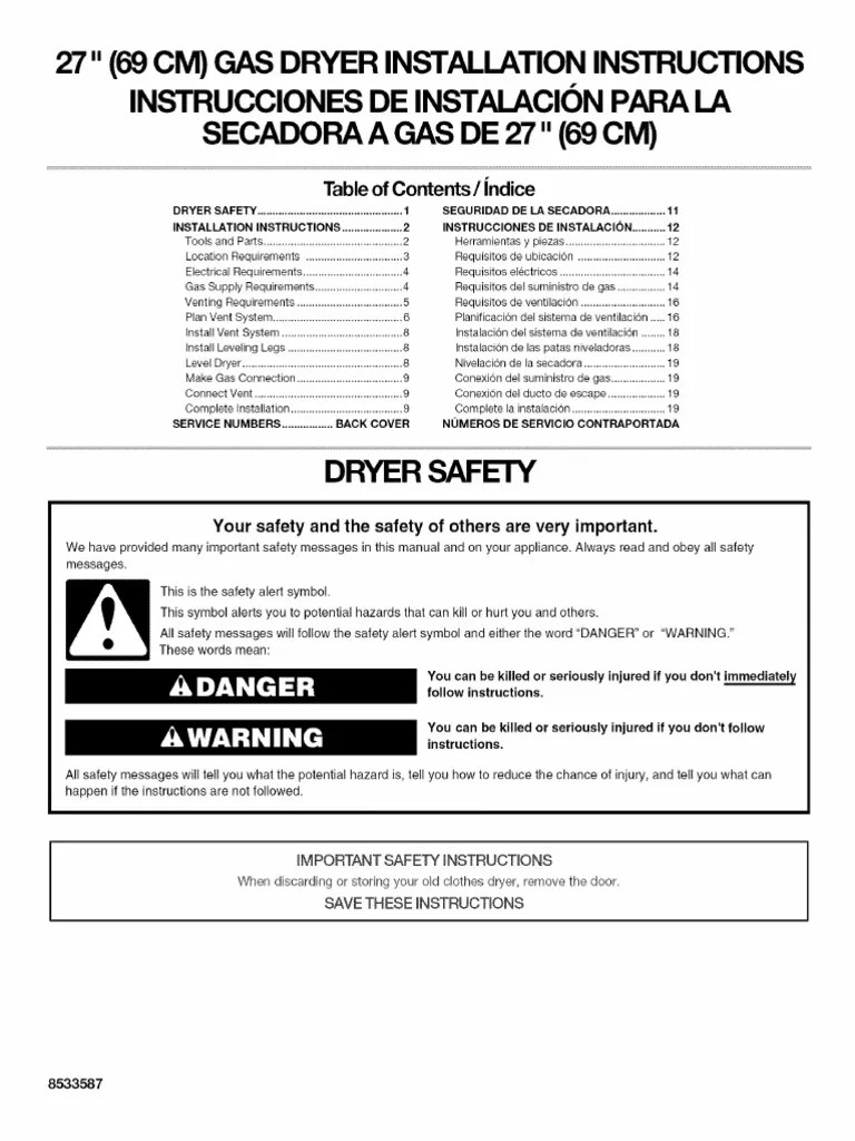 27" (69 CM) Gas Dryer Installation Instructions Instrucciones de