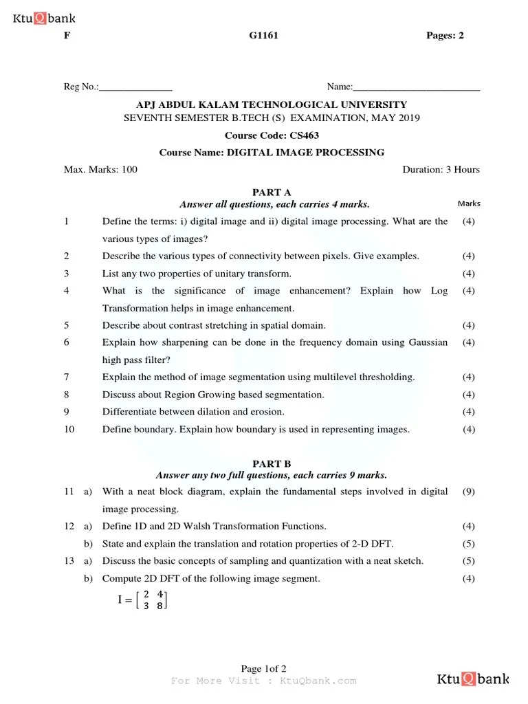 May 2019 CS463 Digital Image Processing Ktu Qbank PDF Digital
