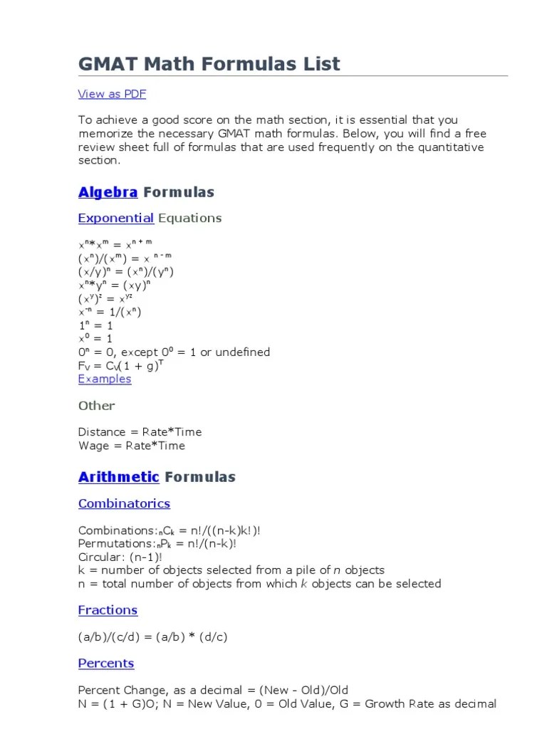 GMAT Math Formulas List