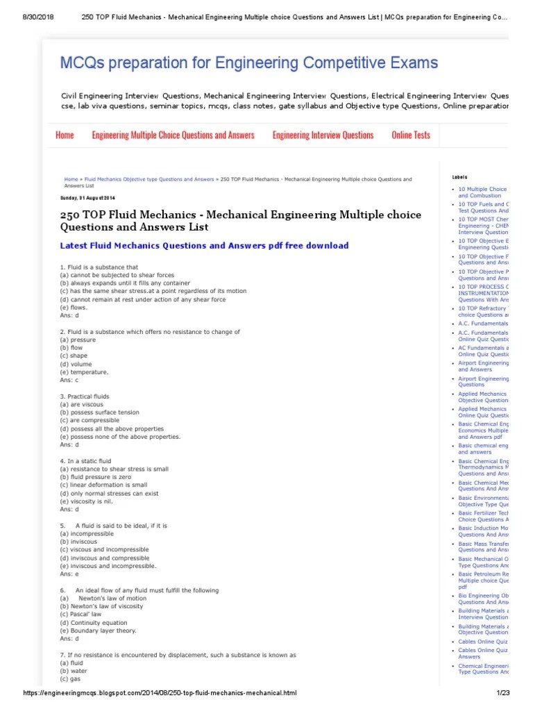 250 TOP Fluid Mechanics Mechanical Engineering Multiple Choice