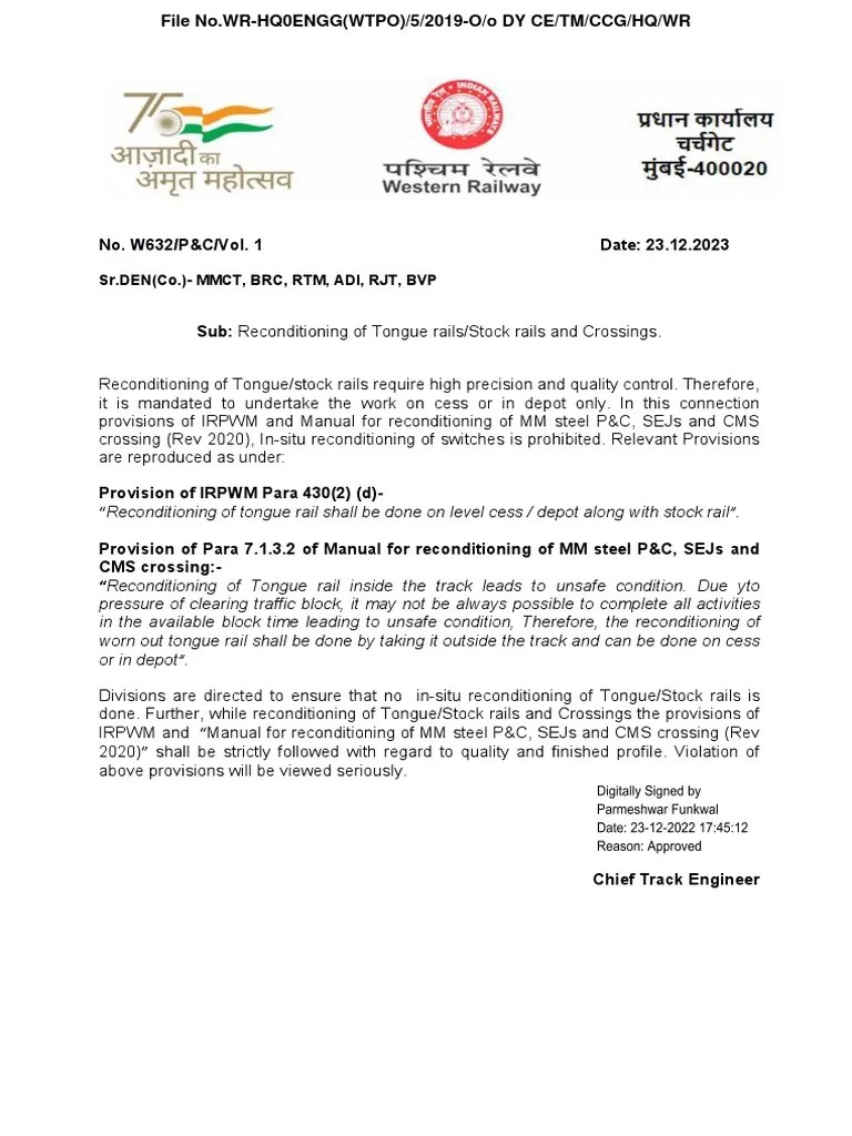Reconditioning of Tongue Rails, Stock Rails, and Crossings Proper