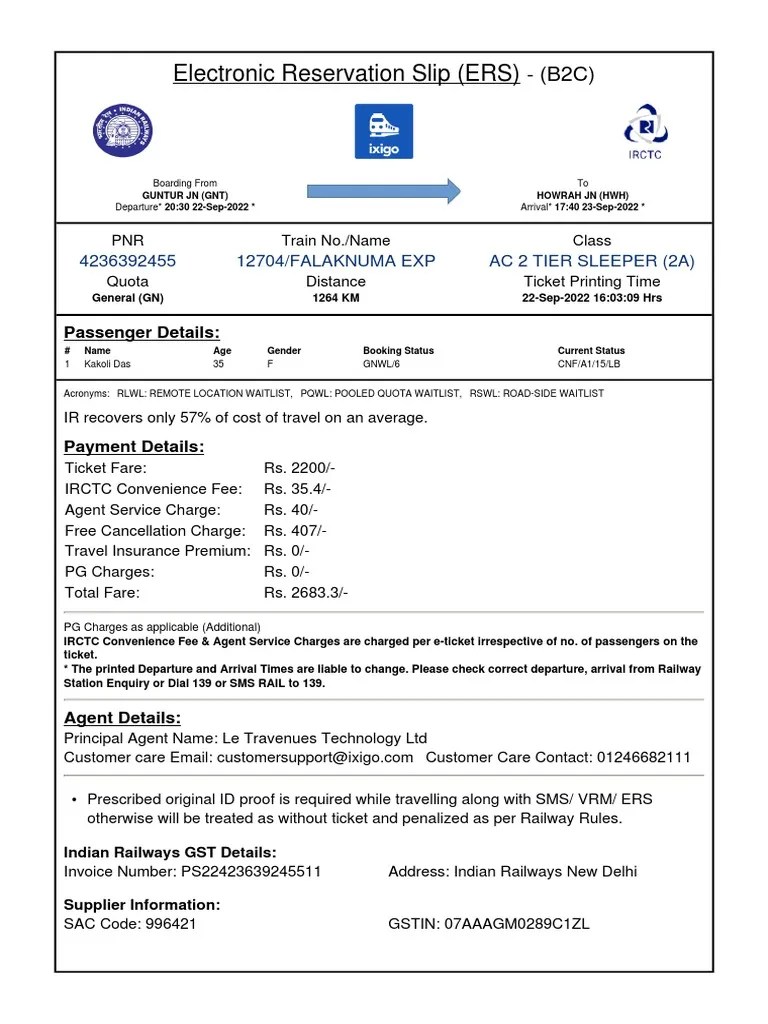 Electronic Reservation Slip (ERS) 4236392455 12704/falaknuma Exp Ac 2
