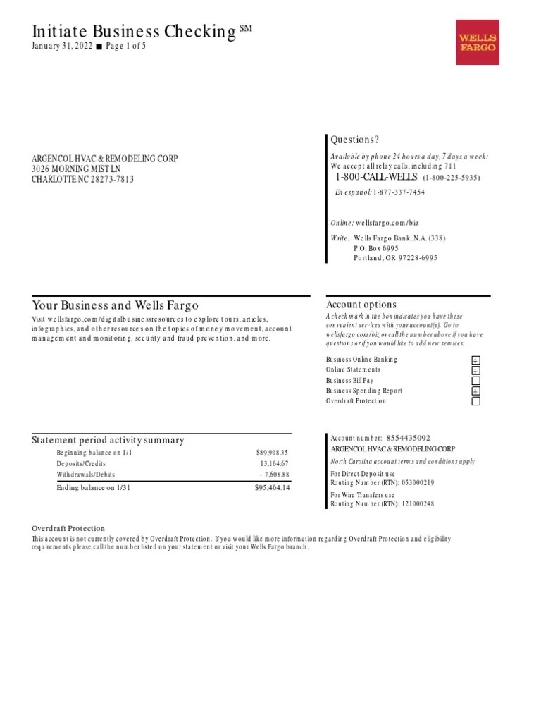 Wells Fargo Statement Jan 2022 PDF Overdraft Economies