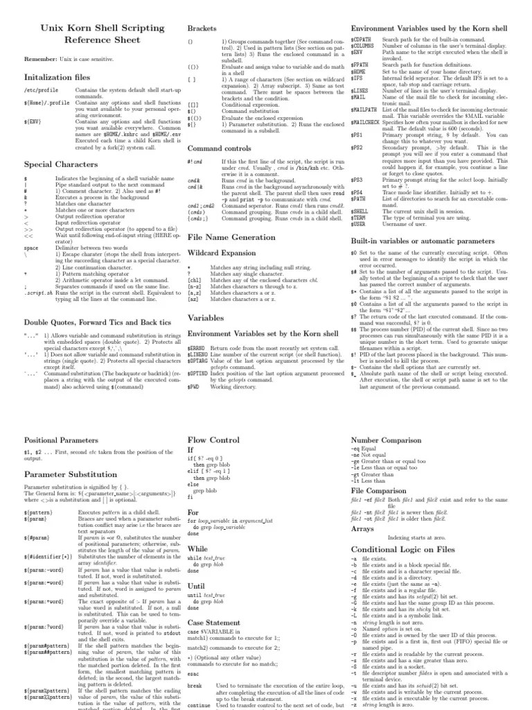 Unix Shell Scripting Reference Cheat Crib Sheet Command Line