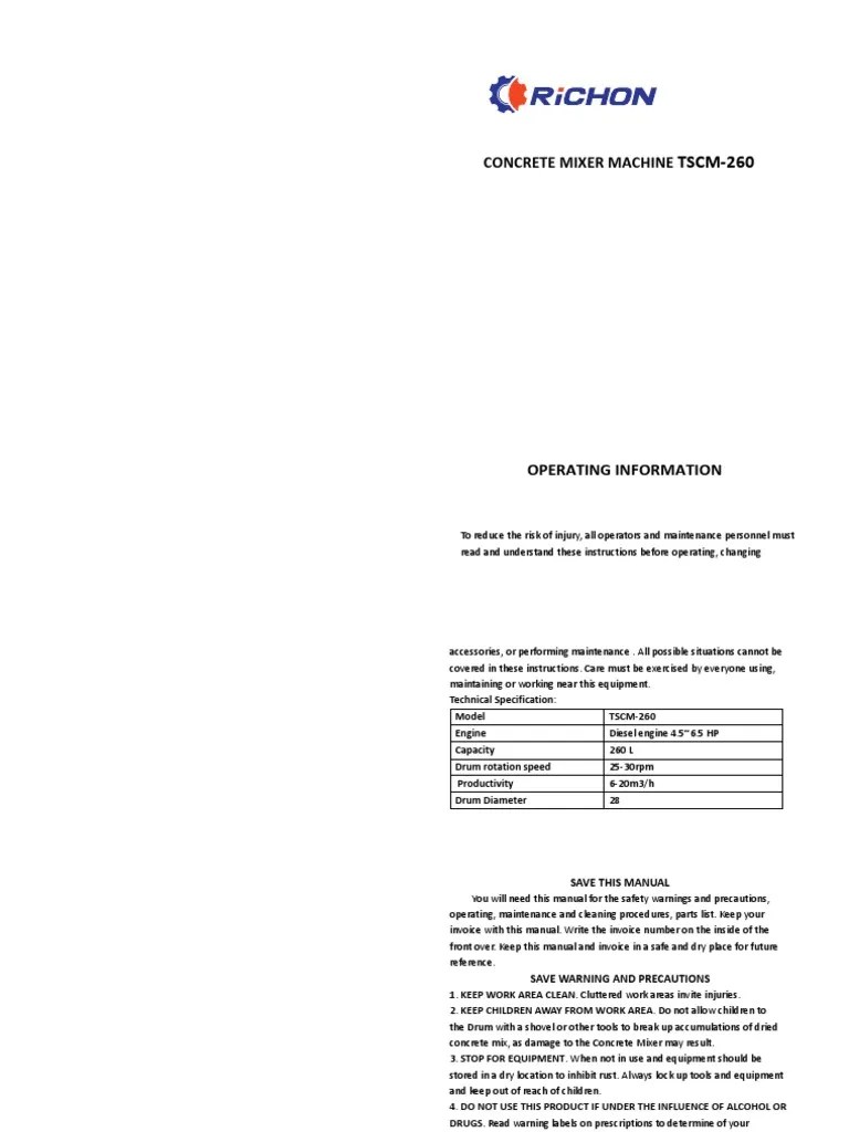 Concrete Mixer Machine TSCM260 Richon PDF Screw Bearing (Mechanical)