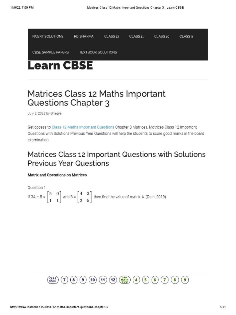 Matrices Class 12 Maths Important Questions Chapter 3 Learn CBSE