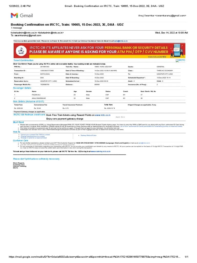 Gmail Booking Confirmation On IRCTC, Train 19665, 15Dec2022, 3E