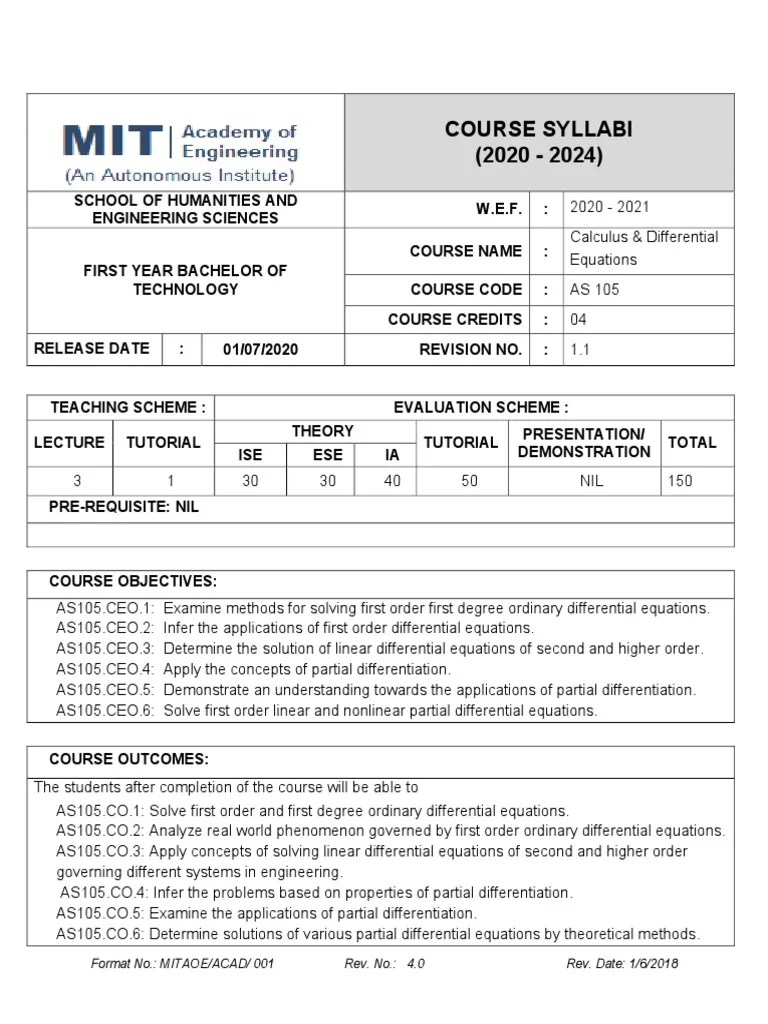 Syllabus Calculus Differential Equations PDF Differential