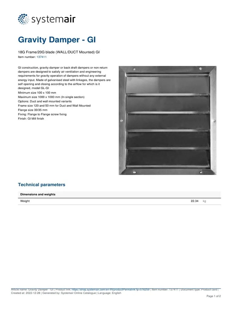 Systemair Gravity Damper GI PDF