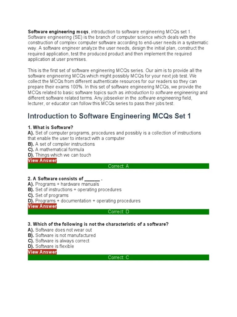 Software Engineering Mcqs Set1 PDF Agile Software Development