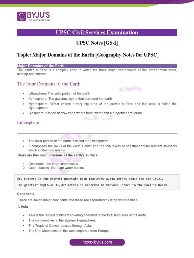 Major Domains of The Earth Geography Notes For UPSC PDF Atmosphere