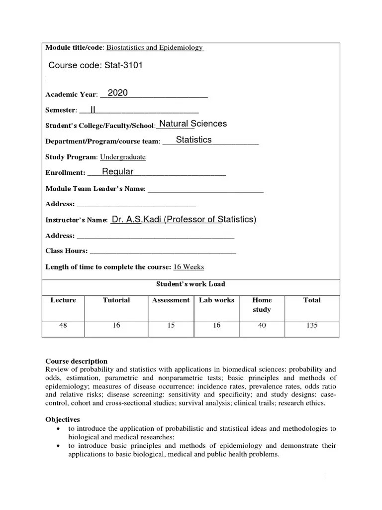 Biostatistics and Epidemiology Course Outline PDF Epidemiology