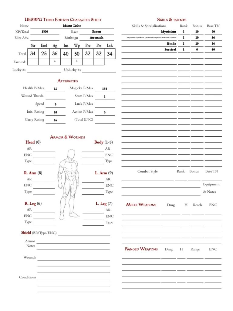 UESRPG 3e Character Sheet v2 (No Background) PDF Gaming Role