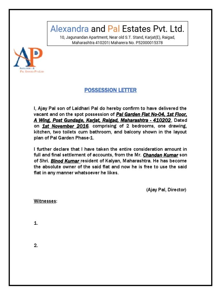 Possession Letter of Flat PDF