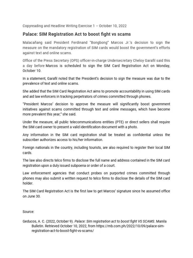 Copyreading and Headline Writing Exercise 1 Key PDF