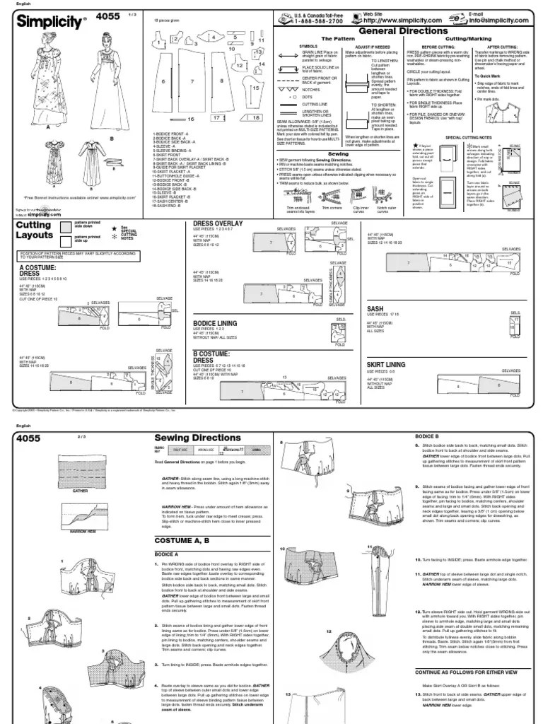 Simplicity Pattern 4055 Instructions Seam (Sewing) Softlines (Retail)