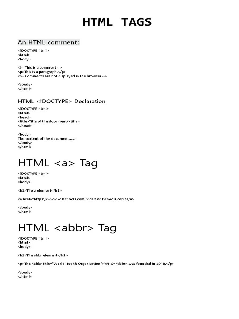 HTML Tags PDF Html Html Element