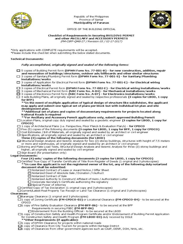 Checklist of Requirements in Securing BUILDING PERMIT and Other