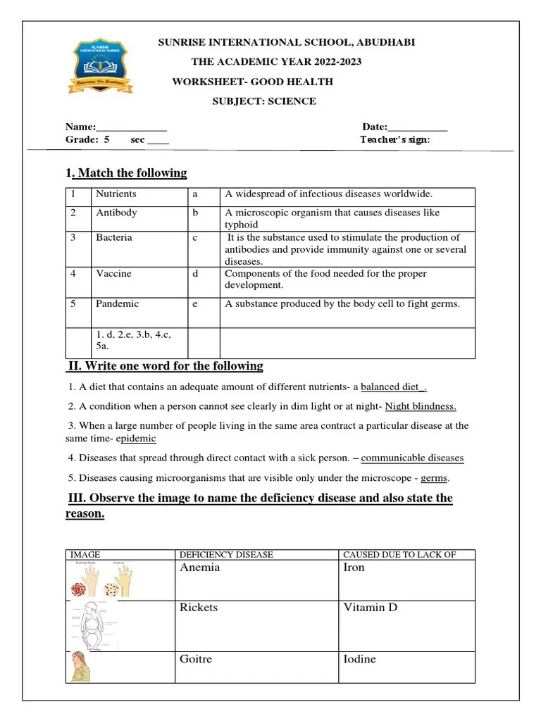 Worksheet Good Health Answer Key PDF Infection Foods