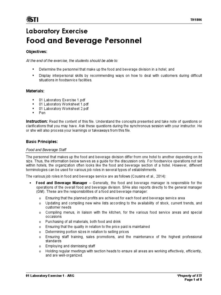 01 Laboratory Exercise 1 ARG PDF Waiting Staff Chef