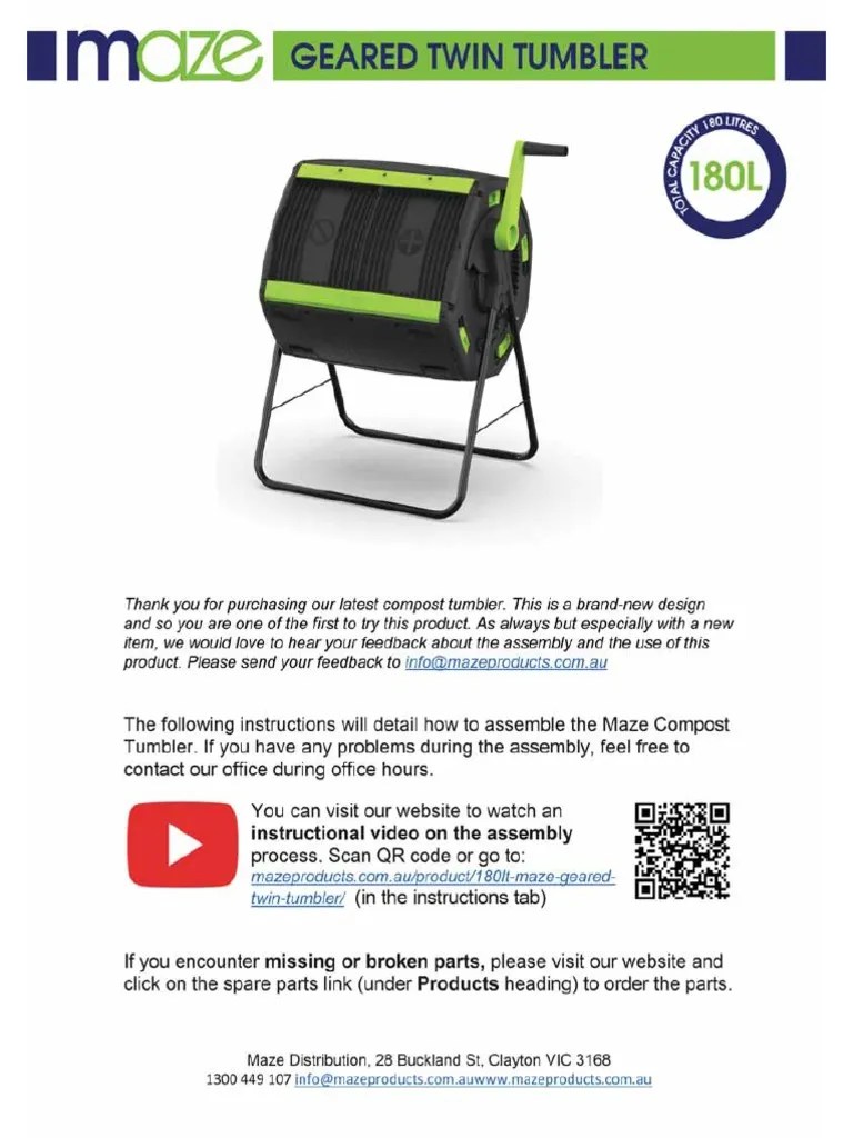 Maze 180 Litre Compost Tumbler Instructions PDF Compost Screw