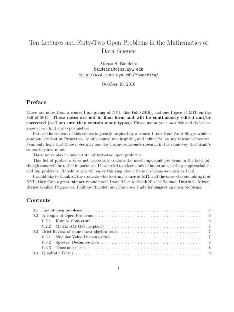 Open Problems in The Mathematics of Data Science PDF Principal Component Analysis