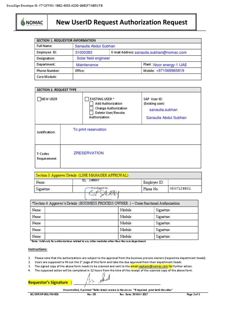 SAP Access Request FormSanaulla PDF Information Technology
