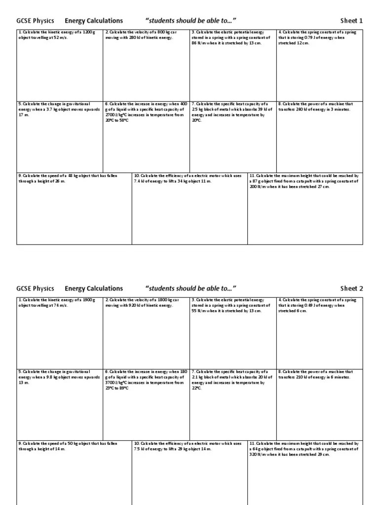 Còpia de Energy - Calculations - Question - Sheets | PDF | Heat