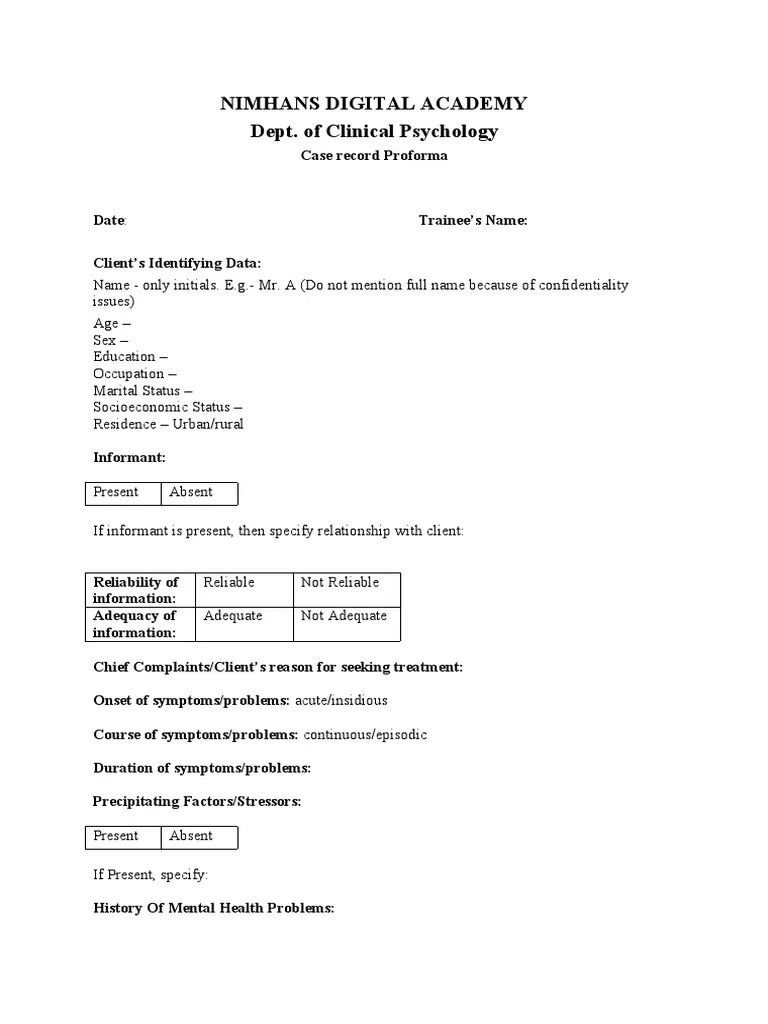 Case Record ProformaNDA PDF Mental Disorder Mental Health