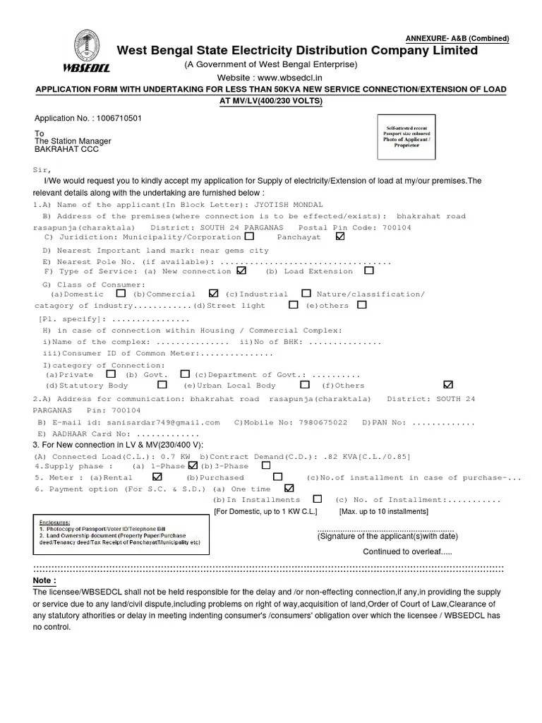 New Connection Form 1006710501 PDF Electric Power Distribution Electrical Wiring