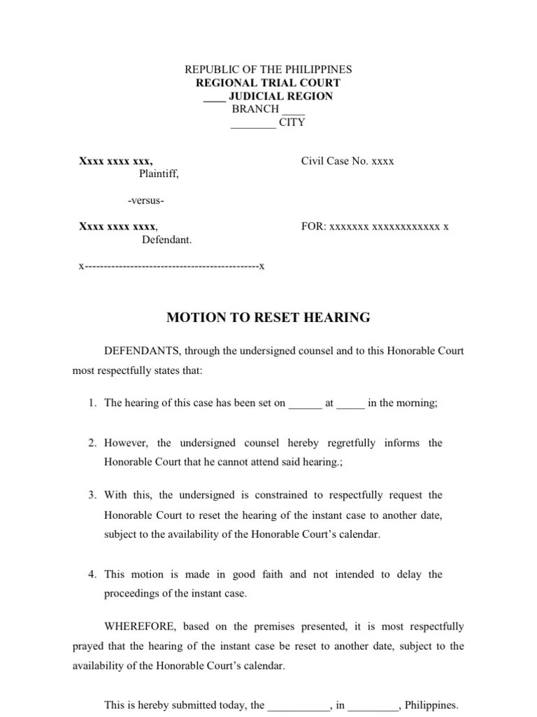 Example of Motion to Reset Hearing Lawsuit Legal Procedure