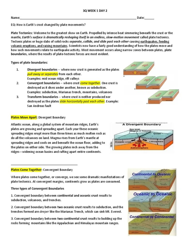 Plate Tectonic Movements WS PDF Plate Tectonics Volcano