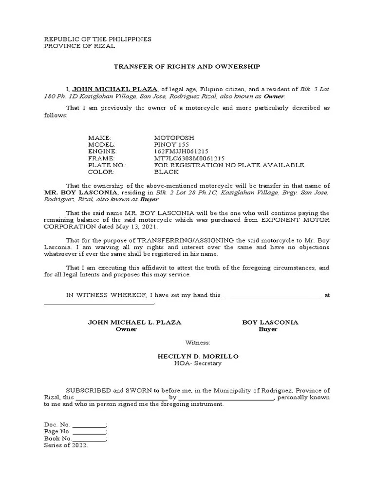 Affidavit of Transfer of Rights PDF