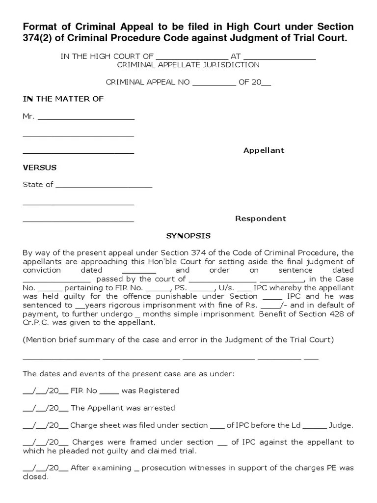Analysis of Criminal Appeal Format Challenging Conviction and