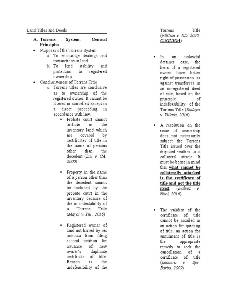 Land Titles and Deeds Torrens System Overview PDF Title (Property