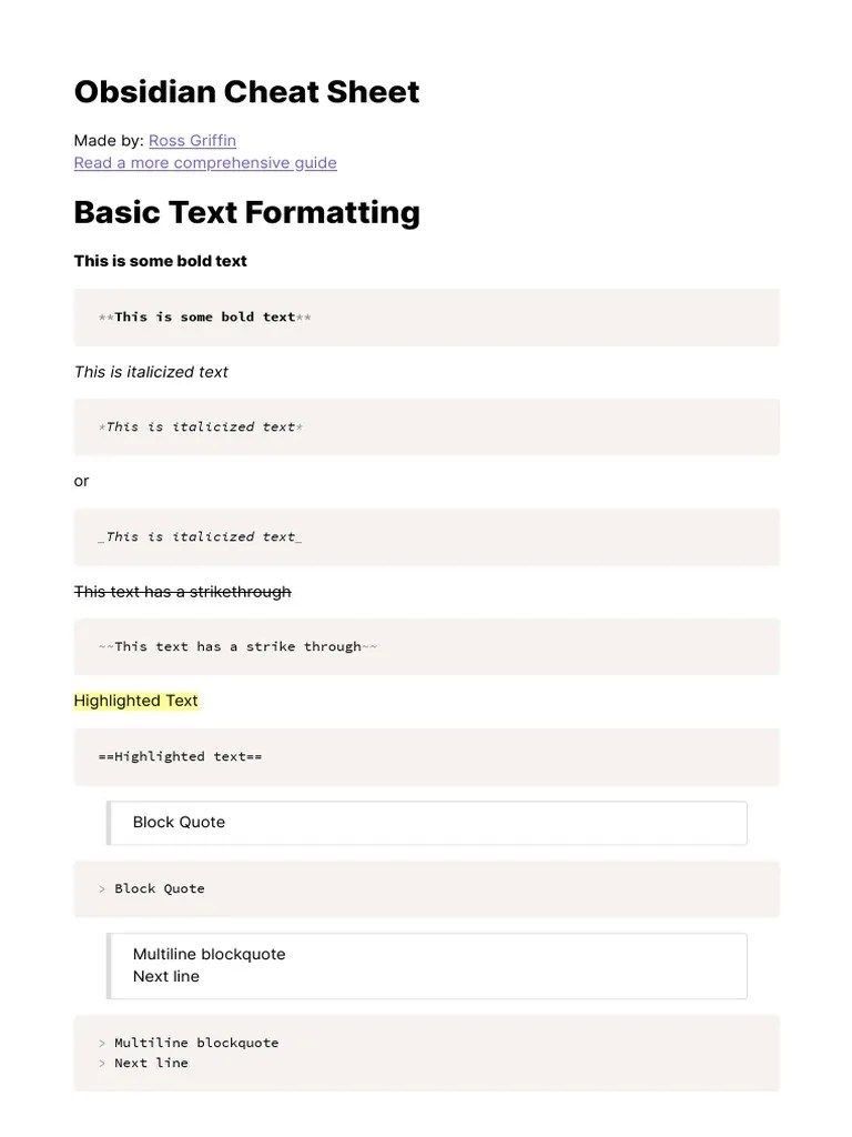 Obsidian Cheat Sheet | PDF | Html Element | Hypertext