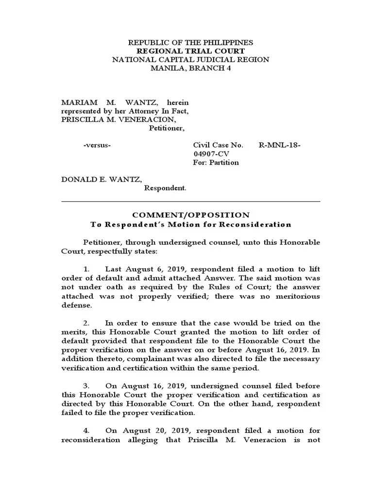 Comment To Motion For Reconsideration PDF Complaint Lawsuit